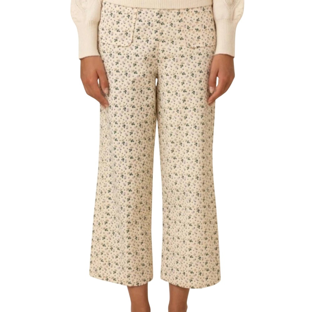 FRNCH Paris Floral Corduroy Pants Cream Ditsy Wide Leg Trousers F11901 M